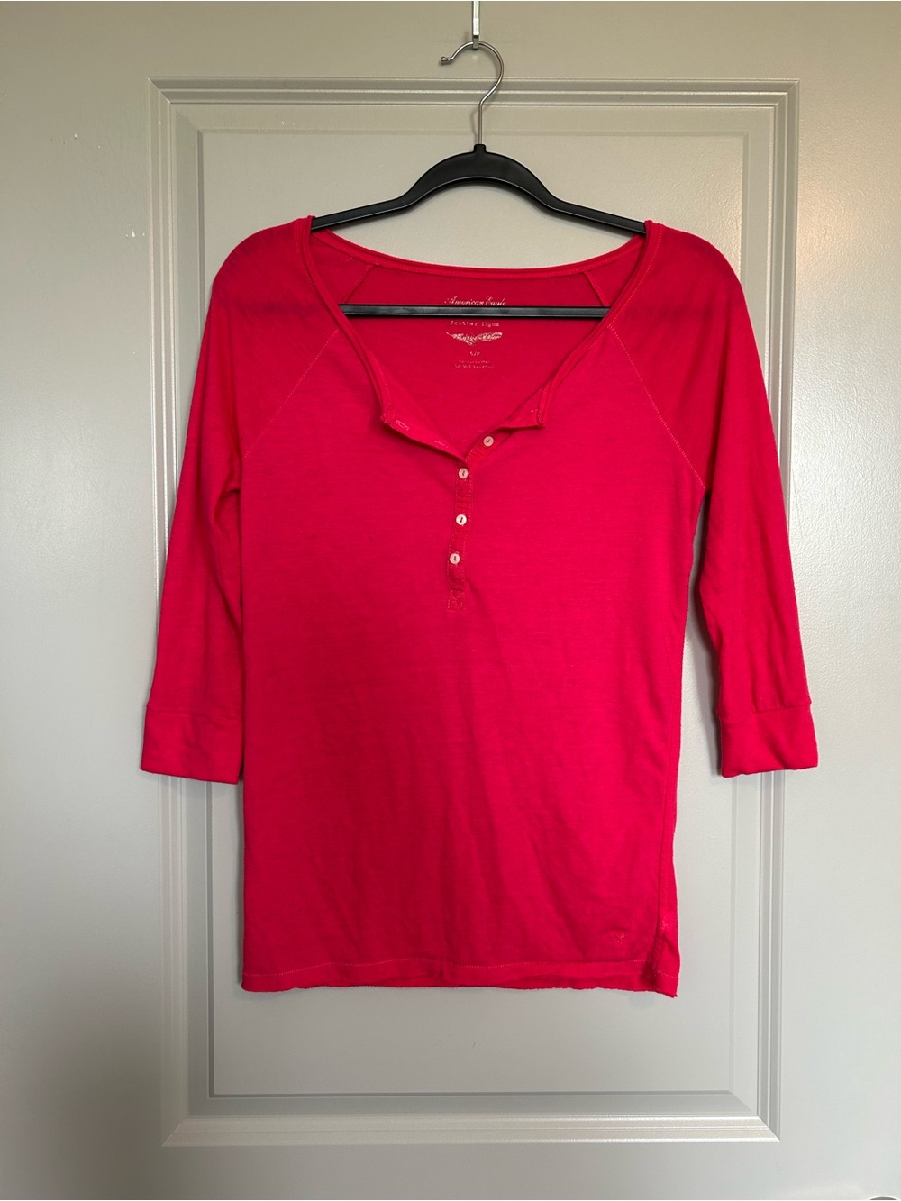 American Eagle Outfitters Women’s Bright Pink Henley Long Sleeve Top